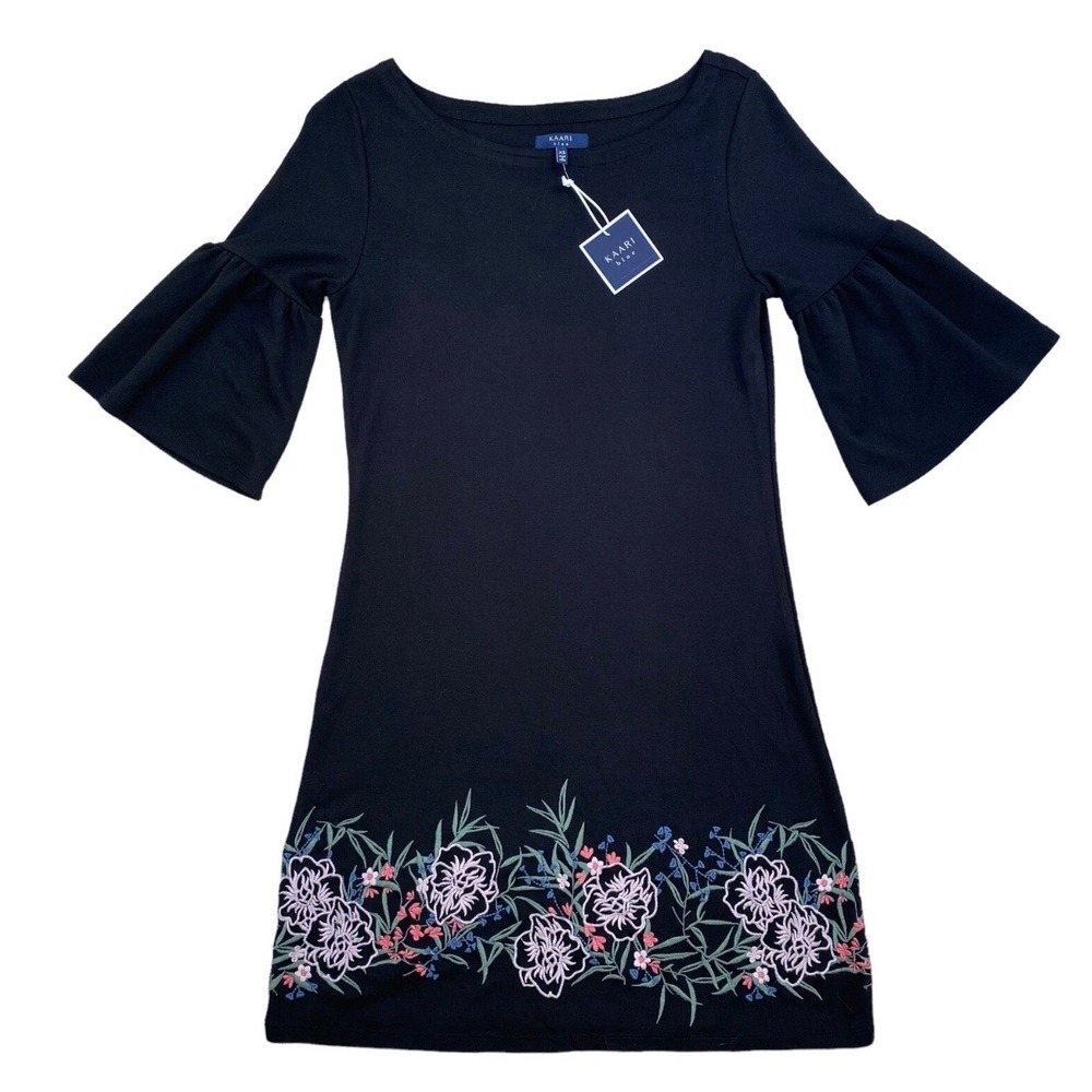 KAARI blue Dress Womens‎ XS Black Santorini Bell Sleeve Embroidered Floral NWT